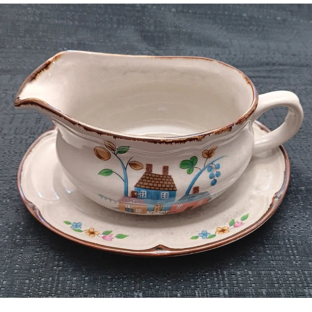 Vintage Village Scene Gravy Boat with Underplate Stoneware Country Folk Art
